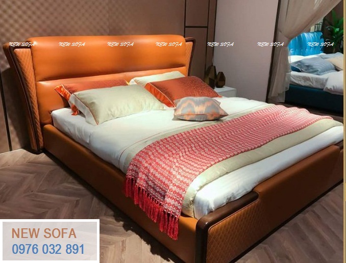 Giường bọc da PU màu cam nổi đẹp bắt mắt